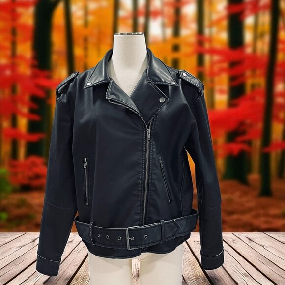 Wild Fable Faux Leather Moto Jacket Black NWT Belted Biker Medium Streetwear - Picture 1 of 10